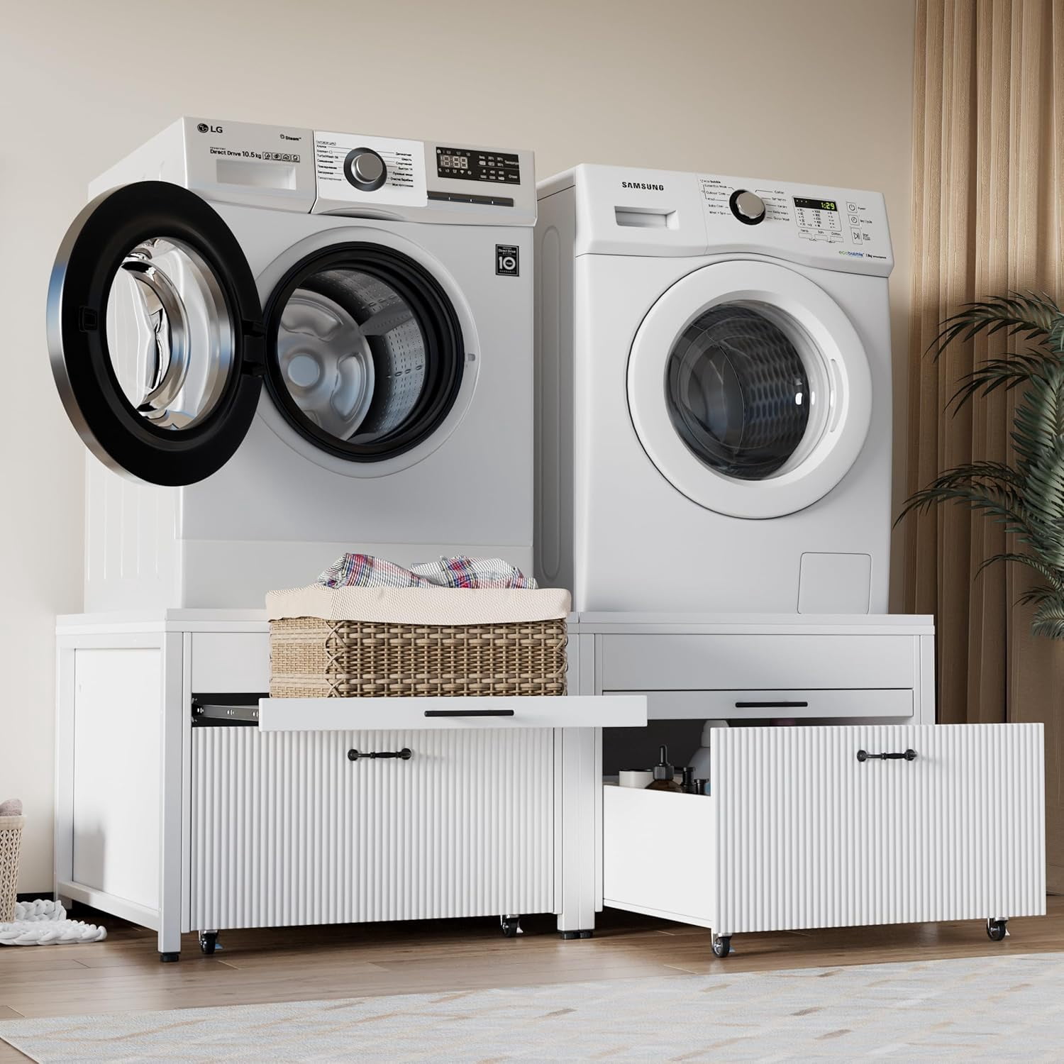 PAKASEPT Washer and Dryer Pedestals with Drawer, 29" Laundry Pedestal  for Washer and Dryer Stand, Heavy Duty Shock-Proof Washer Stand,with Pull-Out Shelf Hidden Storage Drainage,White