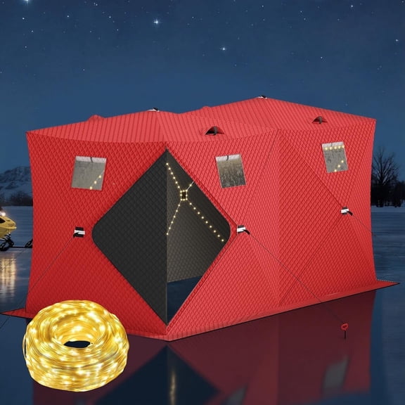 Towallmark 49ft LED Light Pop Up Ice Fishing Shelter Tent, Insulated Windproof Hub Design, Fits 3-4 People with 35 sq ft Fishable Area, Red