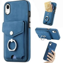 Compatible with iPhone XR Card Slot Back Case, 360 Degree Rotatable Ring Stand Plating Button PU Leather Support Magnetic Car Mount Phone Case Cover for iPhone XR, Blue