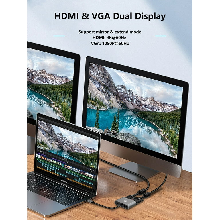 VCOM USB C to 4K@60Hz HDMI, 1080P VGA Adapter, USB C Hub with 100W 