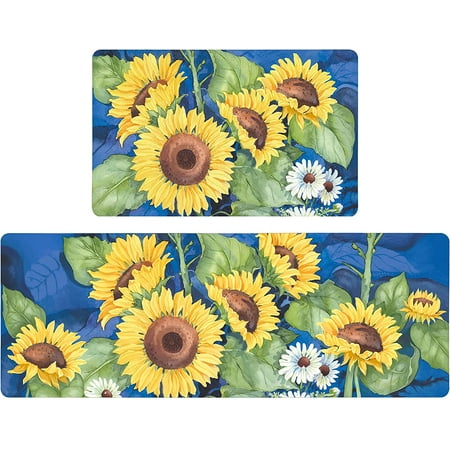 

Blue Sunflower Farmhouse Kitchen Rugs Set 2 Piece Colorful Flowers Seasonal Decorative Rug for Kitchen Low-Profile Floor Mats Decorations for Home Kitchen 17x48+17x30 Inches