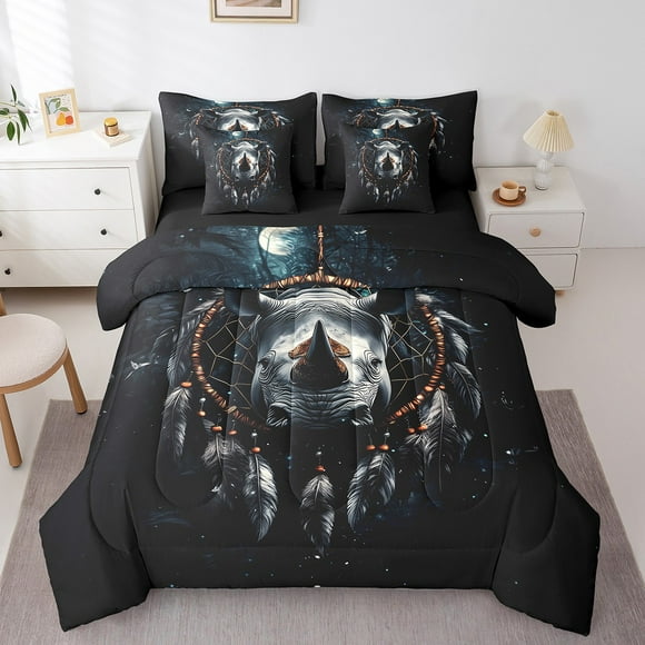 Rhinoceros Bed in a Bag King Size Comforter Set 7 Pieces,Dream Catcher Bedding Sets,Boho Feather Sheet Set with Comforter Nautical Sea Animals Bed Set,Exotic Bohemian Decor