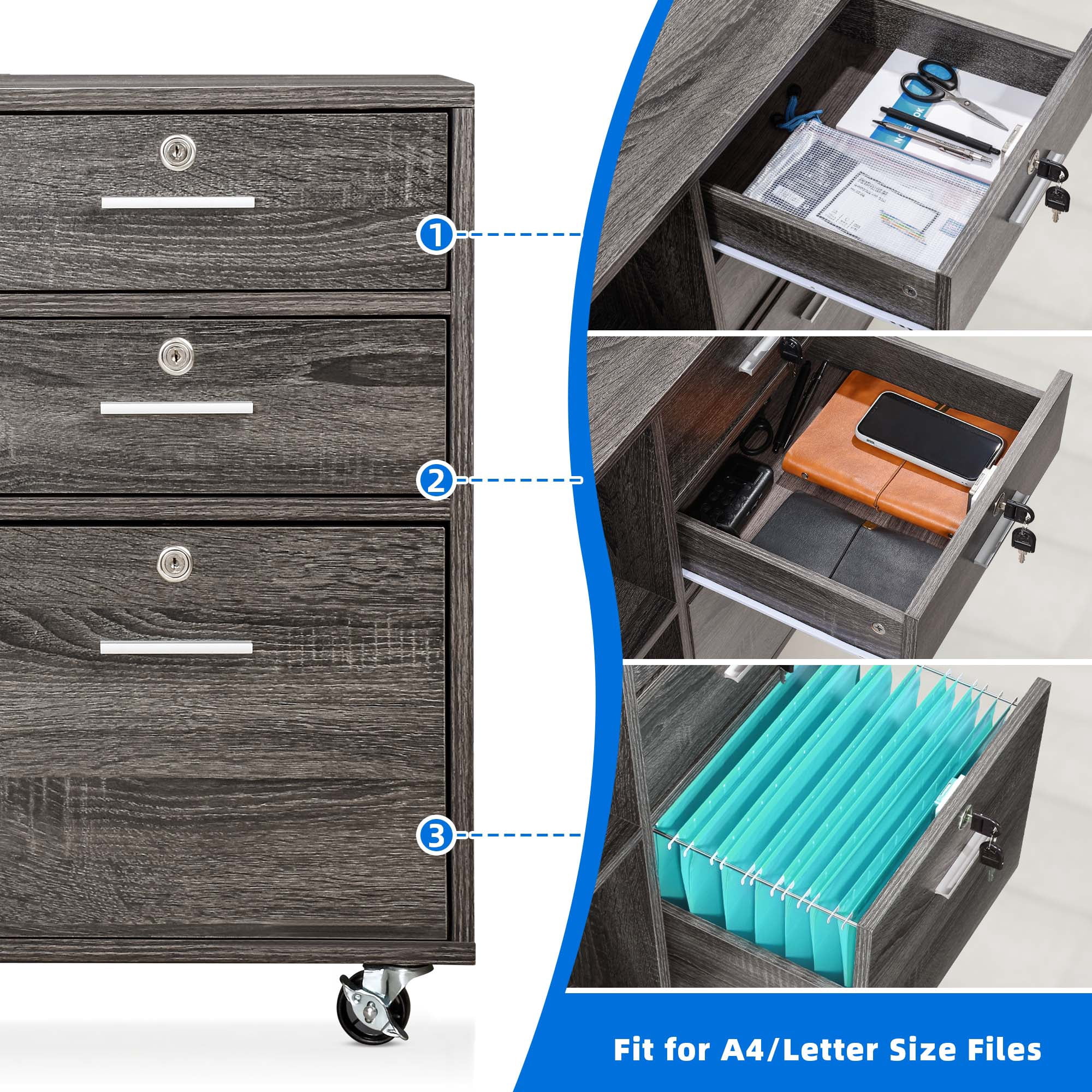 DEXTRUS 3-Drawer Wood File Cabinet with Lock, Mobile Lateral Filing Cabinet Rolling Printer Stand for Office, Grey