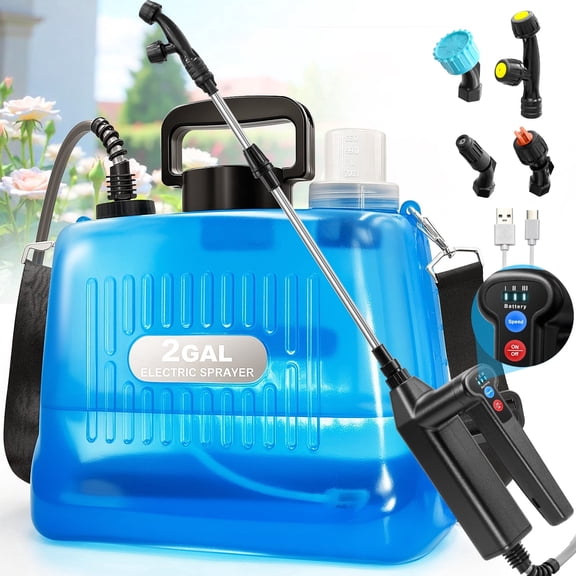 SYLMAX Battery Powered Sprayer 2 Gallon, 2026 New Electric Garden Sprayer with 3 Spray Force, Rechargeable Handle, Battery Indicator, 23.6" Telescopic Wand, 4 Mist Nozzles & Shoulder Strap