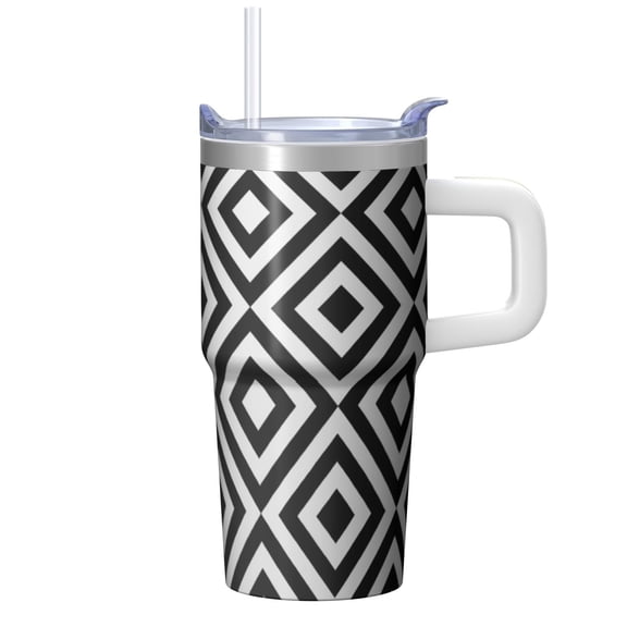 20oz Stainless Steel Tumbler with Handle, Geometric Textured Design, Double Wall Insulated Travel Coffee Mug, Leak-Proof Straw Lid