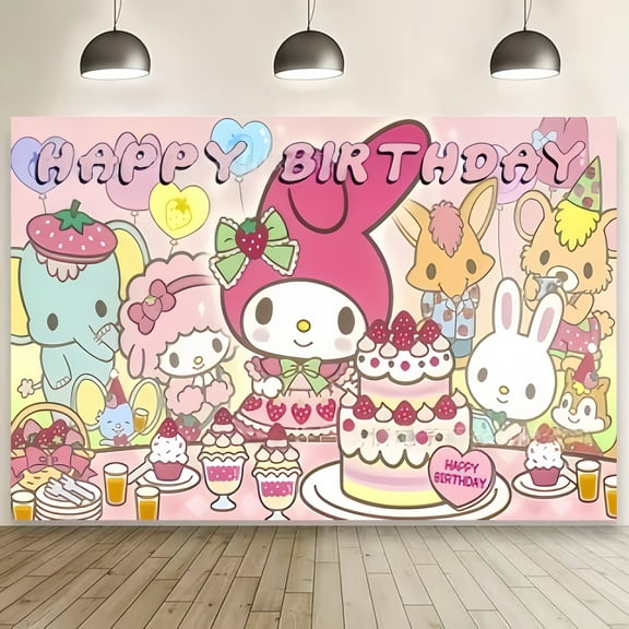 Hello Kitty Happy Birthday Anime Cartoon Theme Backdrops Banner Birthday Party Decor Supplies(5x3ft)