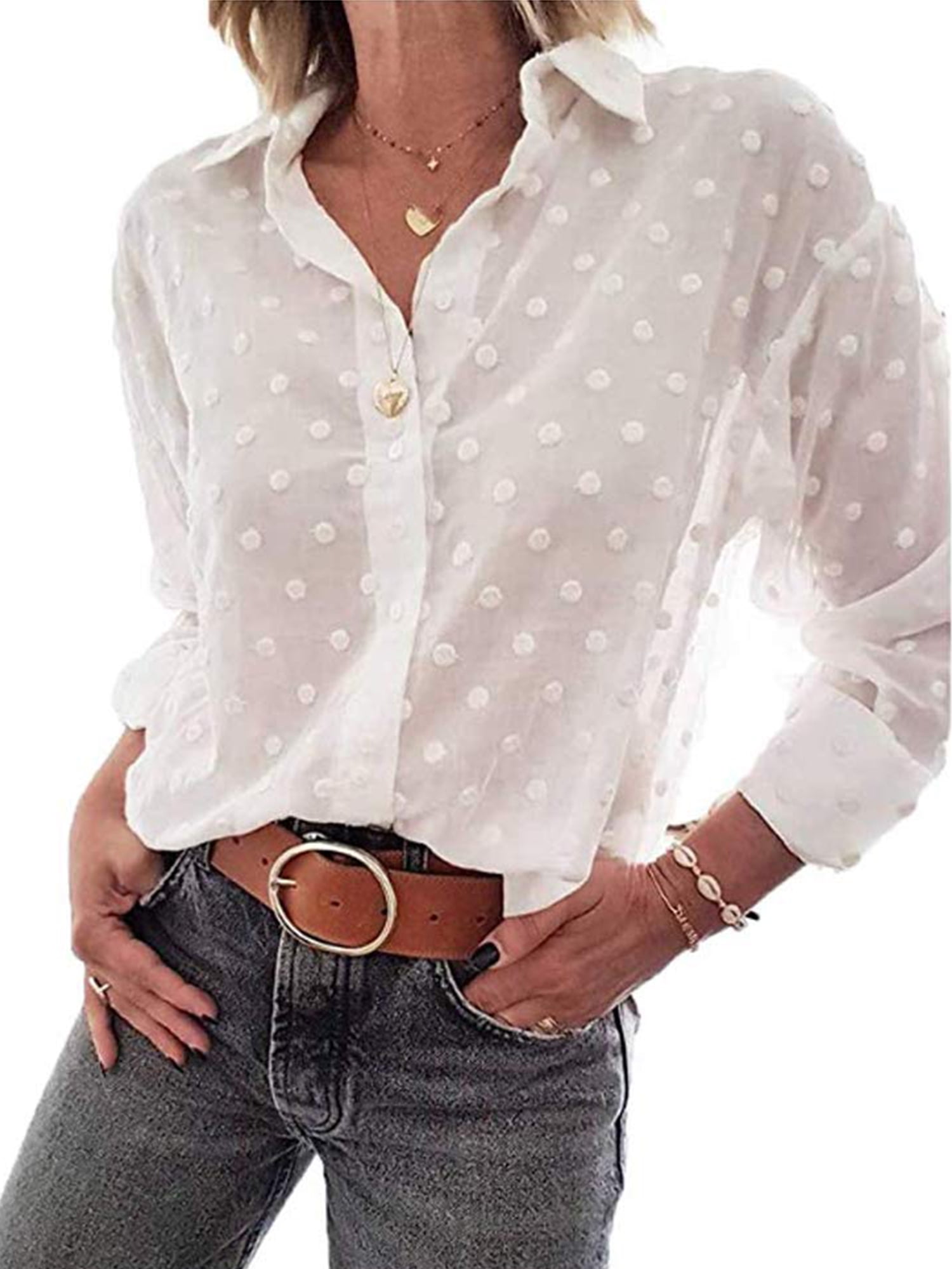 Kayotuas Womens Blouse Shirts Pom Pom Swiss Dot Long Sleeve Button Down  Lapel Blouses Tops - Walmart.com