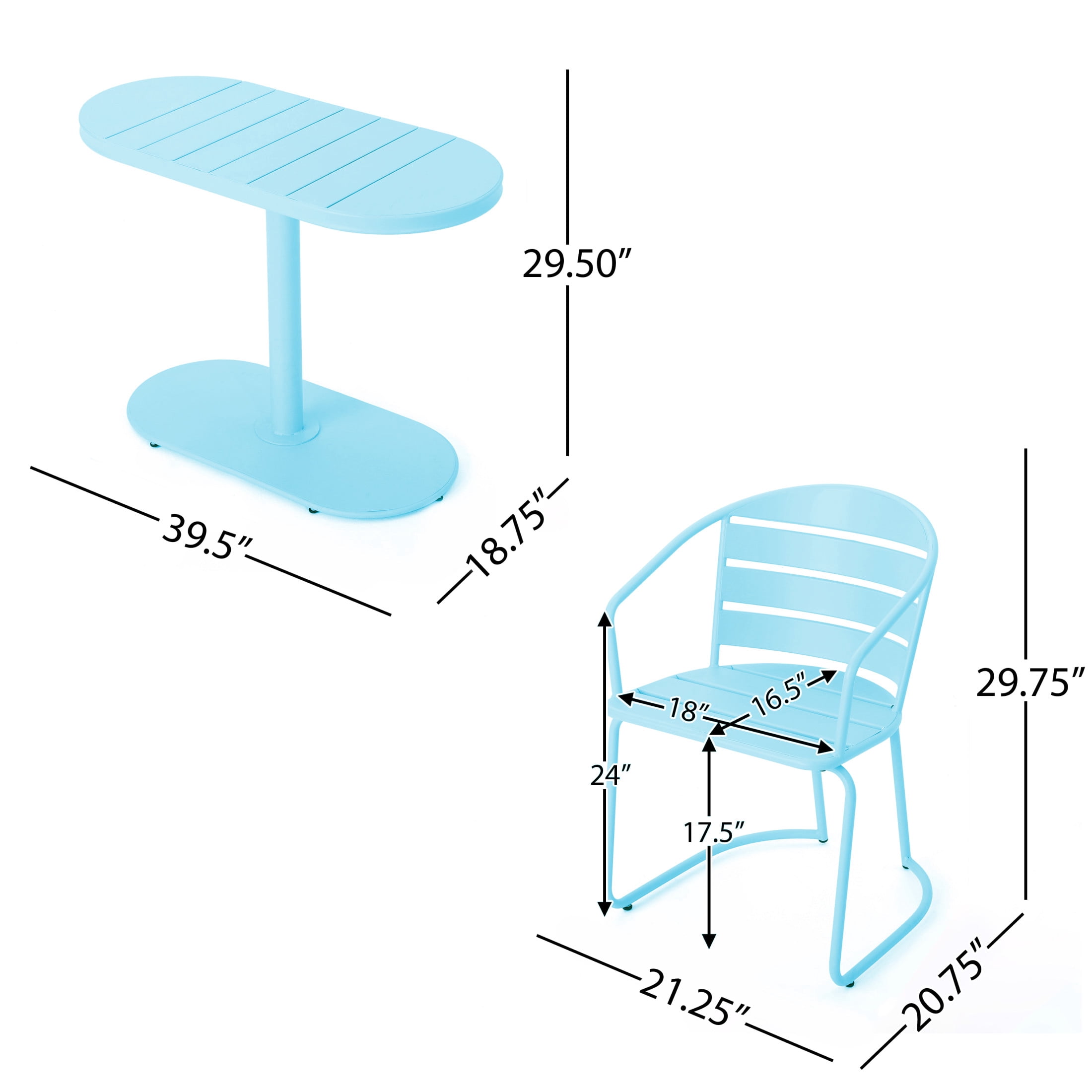 Christopher Knight Home Minimalist 3-Piece Outdoor Bistro Set, Oval Table & Slatted Chairs, Matte Light Blue