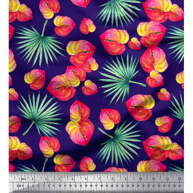 Soimoi Rayon Crepe Fabric Leaves & Laceleaf Floral Printed Fabric 1 Yard 46 Inch Wide