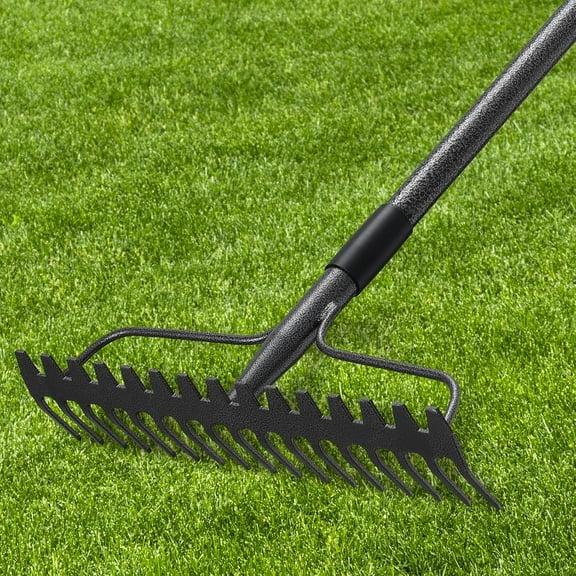 63'' Bow Rake ，17 Tines Metal Head Rakes with Stainless Steel Handle，Heavy Duty Garden for Looning Soil Gathering Leaf Leveling Lawn Farming Land Manament Yarn Thatch