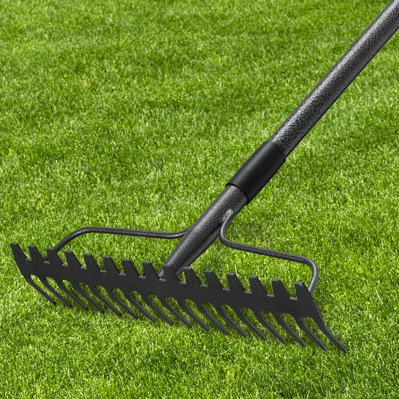 czcpp-49'' Bow Rake 17 Tines Metal Head Rakes with Stainless Steel HandleHeavy Duty Garden Rake for Loosening Soil Gathering Leaf Leveling Lawn Farming Land Management Yarn Thatch Rake