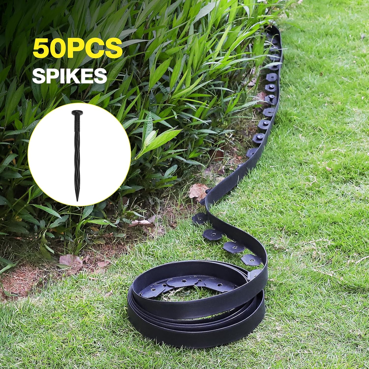 Landscape Edging Kit 33FT 1.5in Tall with 50 Spikes, No-Dig Plastic Flexible Edge Border for Landscaping, Lawn, Garden, Flower Beds, Yard, Black,1pack 33ft