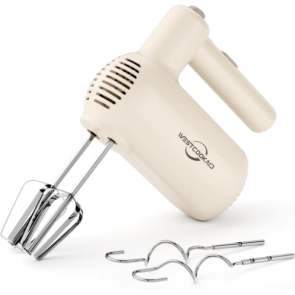 Hand Mixer, 5-Speed Mixer Electric Handheld with Turbo Ultra Power, 4 Stainless Steel Accessories Whipping Egg Cream, Small for Baking Cake, Christmas Gifts Women (White)