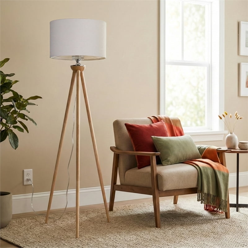 Lara Tripod Floor Lamp with Natural Wood Base and Beige Linen Shade