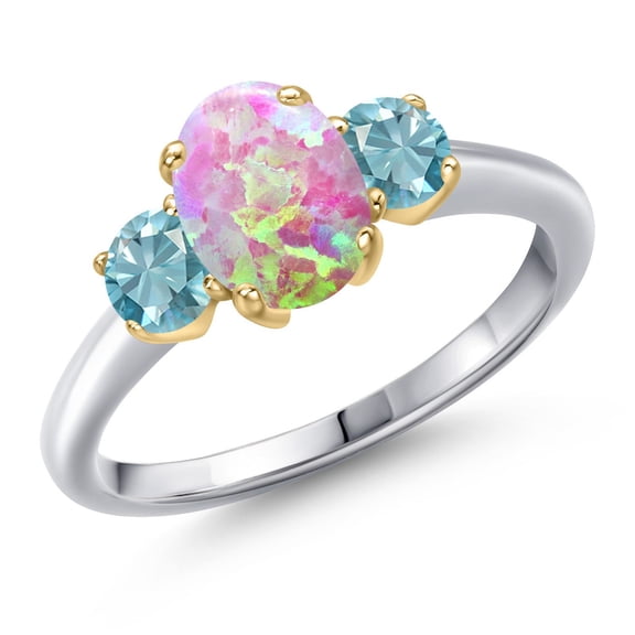 Gem Stone King 925 Silver and 10K Yellow Gold Simulated Pink Opal and Blue Zircon Engagement Ring for Women | 2.05 Cttw | Oval Cabochon 8X6MM | Gemstone October Birthstone | Size 5