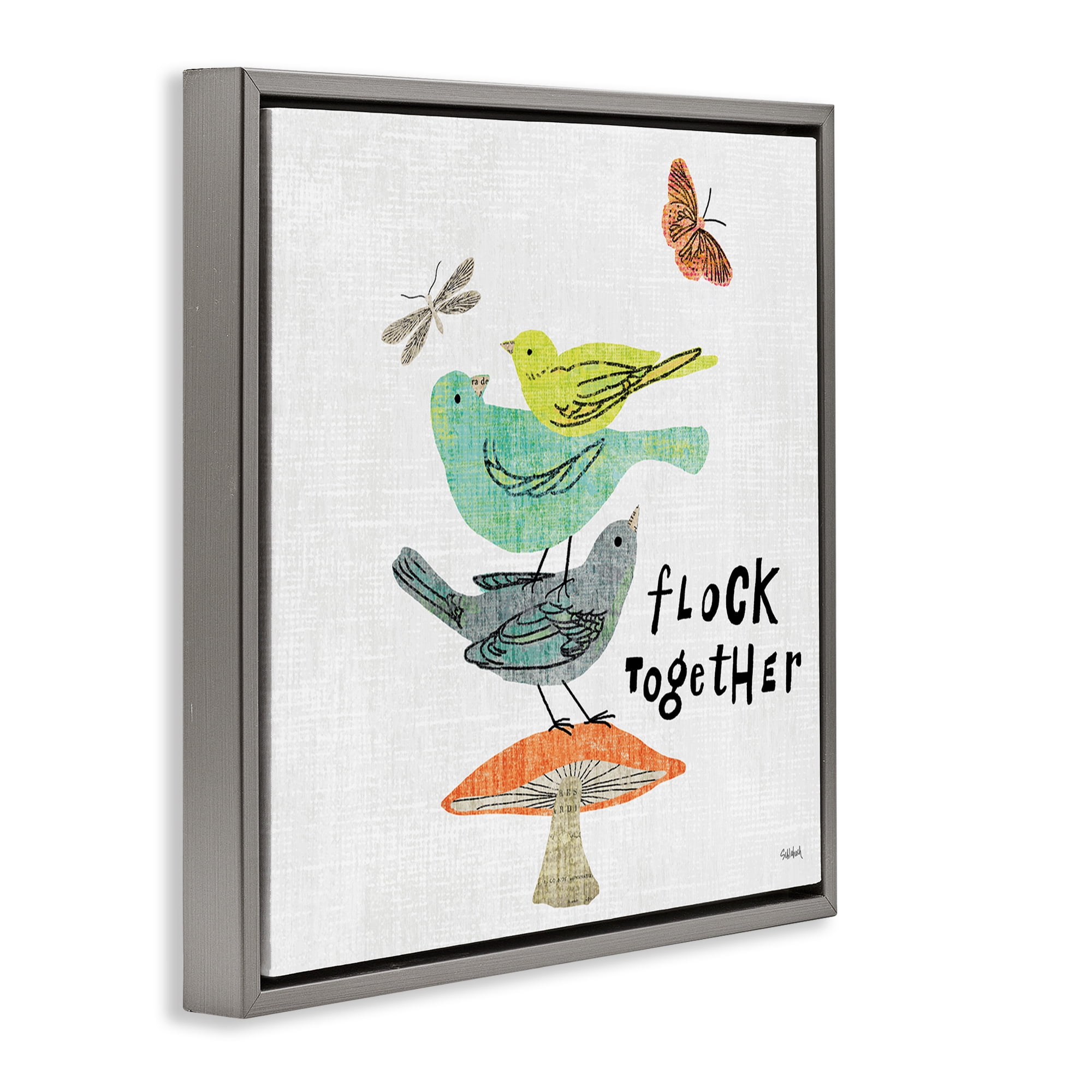 Stupell Industries Flock Together Birds Animals Painting Gray Floater Framed Canvas Art Print Wall Art, 18 x 18
