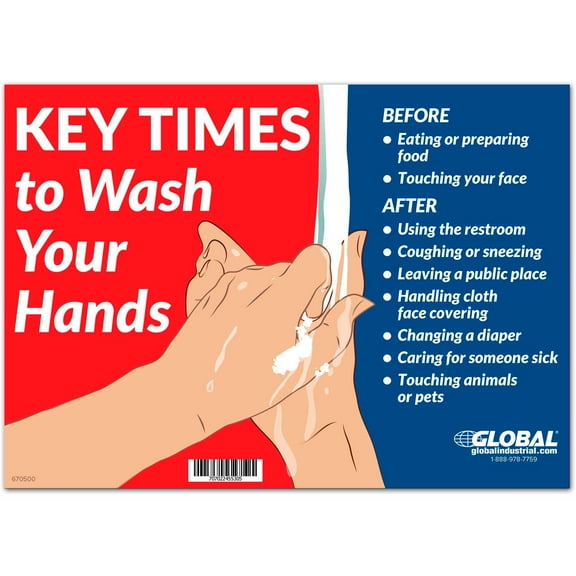 Global Industrial Key Times to Wash Your Hands Sign 14""W x 10""H Wall Adhesiv
