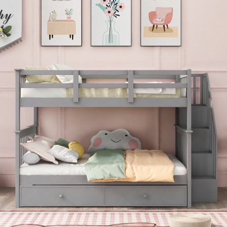 Full Over Full Bunk Bed Solid Wood Bunk Bed Frame with Twin Size Trundle and Storage Shelf Modern Design Bunk Bed with Safety Guardrail for Boys and Girls  No Spring Box Needed  Gray