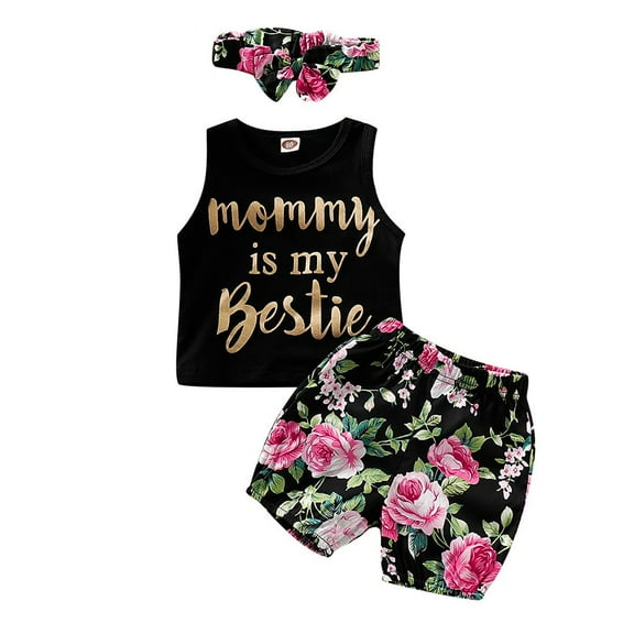 Xudanell Mamas Girl Baby Outfit Letter Print Baby Set Shorts Headbands Outfit Floral Girl Baby Girl Clothes Black 12-18 Months