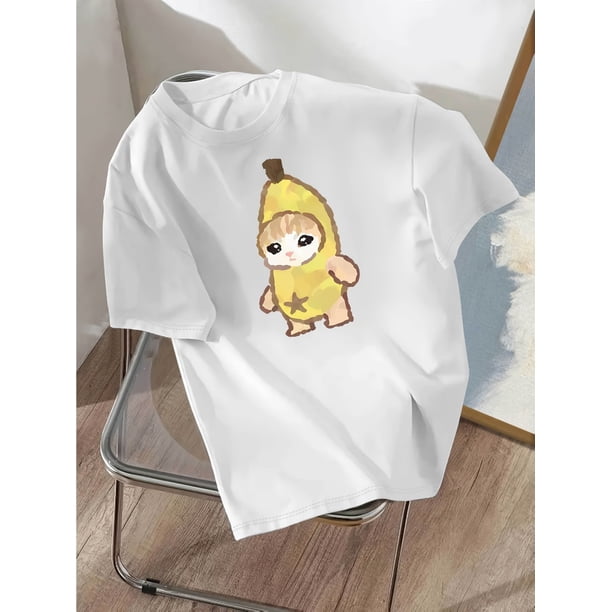 Women's Cute Banana Cat Graphic T-Shirt - Casual Sporty , Round Neck, Short Sleeve, Cotton, Machine Washable, Available in Black and More Colors, Sizes S-XXL