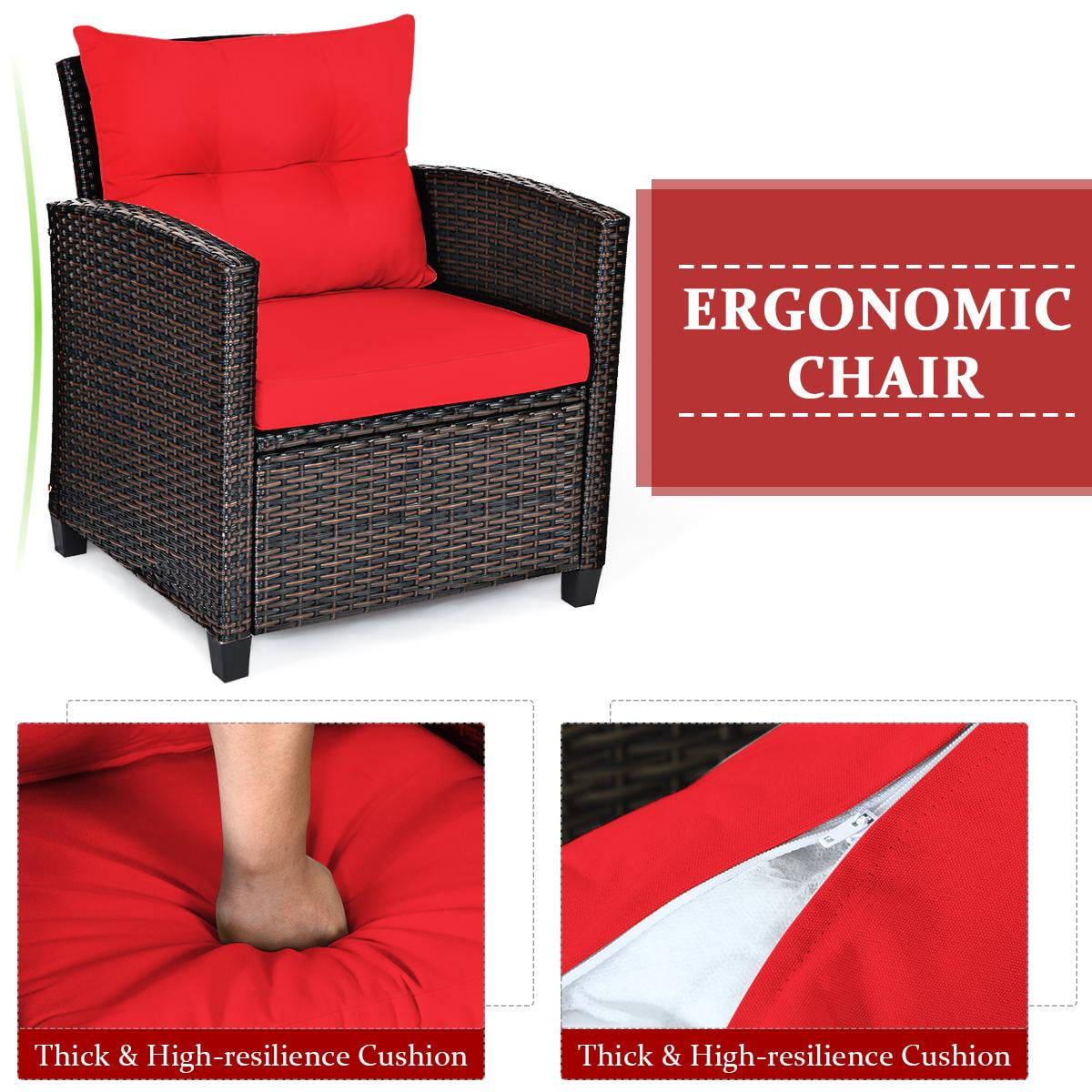 Giantex 3 Pieces Steel Rattan Patio Outdoor Sofa Set Cushion and Tempered Glass Tabletop Set, Red
