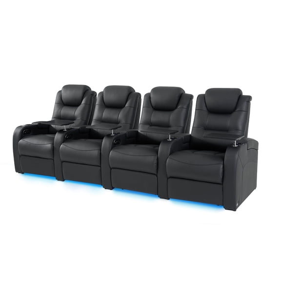 comfiroom Leather Home Theater Seating Seats, Simple Style Top Grain Leather Game Seats Movie Theater Chairs Theater Recliner Sofa with Type-C USB Charger (Black, Row of 4)