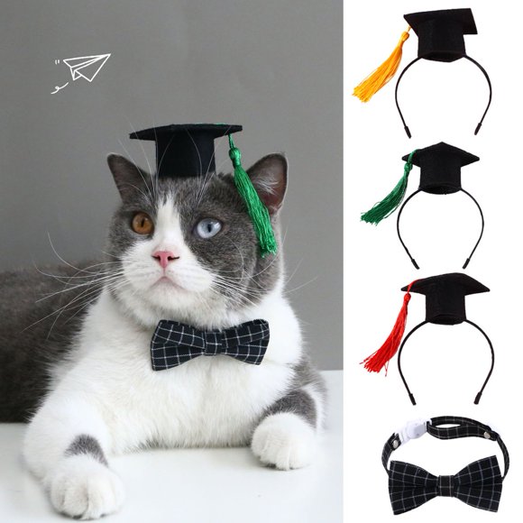 HLONK Pet Graduation Cap Tassel Design Super Soft Easy-wearing Friendly to Skin Ultra-Light Dress Up Felt Cat Graduation Headdress Hair Hoop Collar Ornament Pet Supplies
