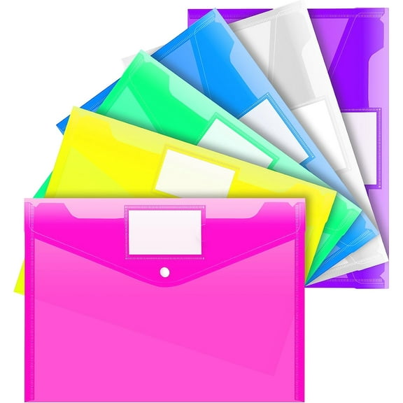 6 Pack Plastic Envelopes Poly Envelopes, Clear Document Folders US Letter A4 Size File Envelopes with Label Pocket & Snap Button for Home Work Office Organization, 6 Assorted Colors