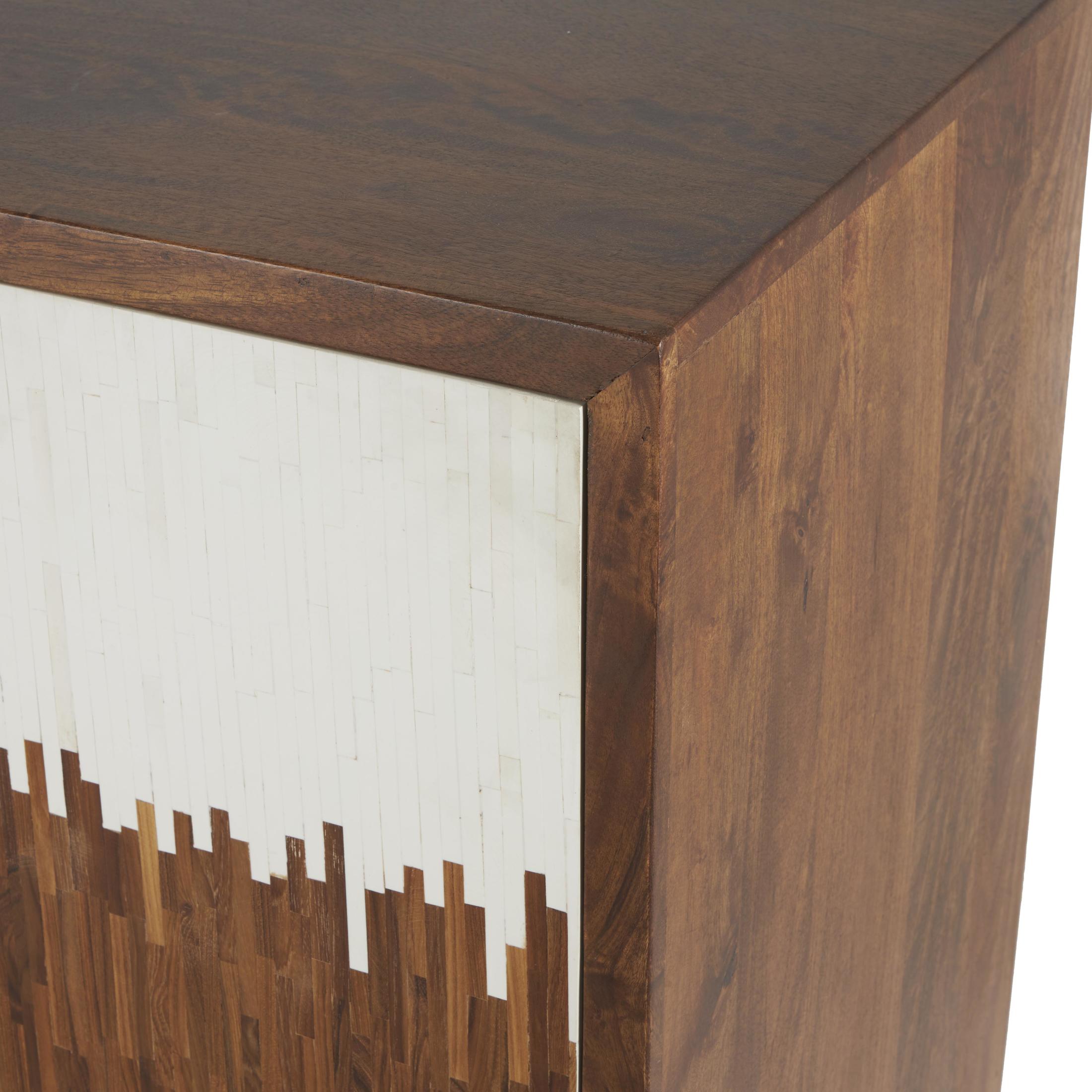 DecMode 60" x 34" Brown Mango Wood Abstract 3 Door and 3 Shelf Sideboard with White Front and Striped Pattern, 1-Piece