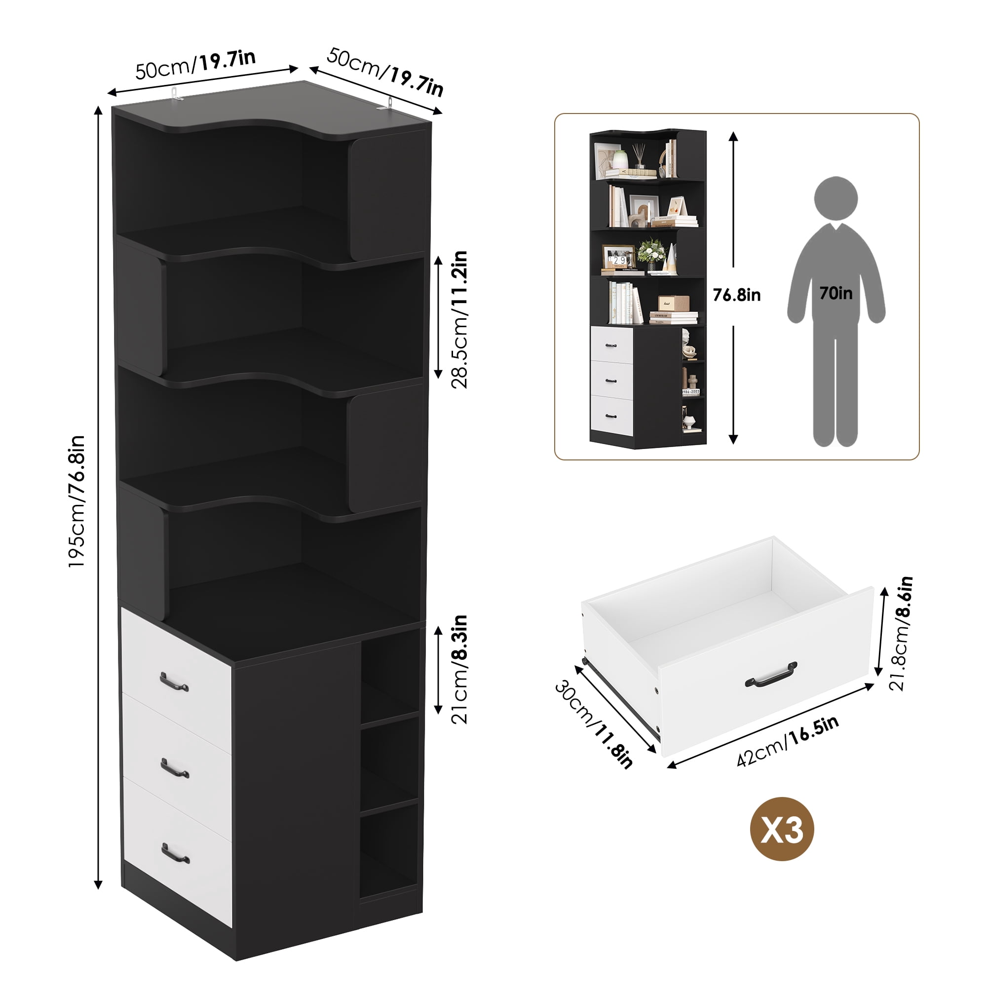 Hiphuta 77"Tall L-Shaped Corner Bookshelf with Drawers and Side Storage, Modern Wood Bookcase with 4-Tier Display Shelves Storage Cabinet for Living Room Home Office , Black & White