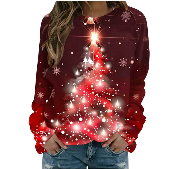 lcziwo Womens Retro Christmas Sweatshirt Xmas Tree Print Oversized Pullover Casual Crewneck Pullover Lightweight Long Sleeve Sweatshirts Red,L