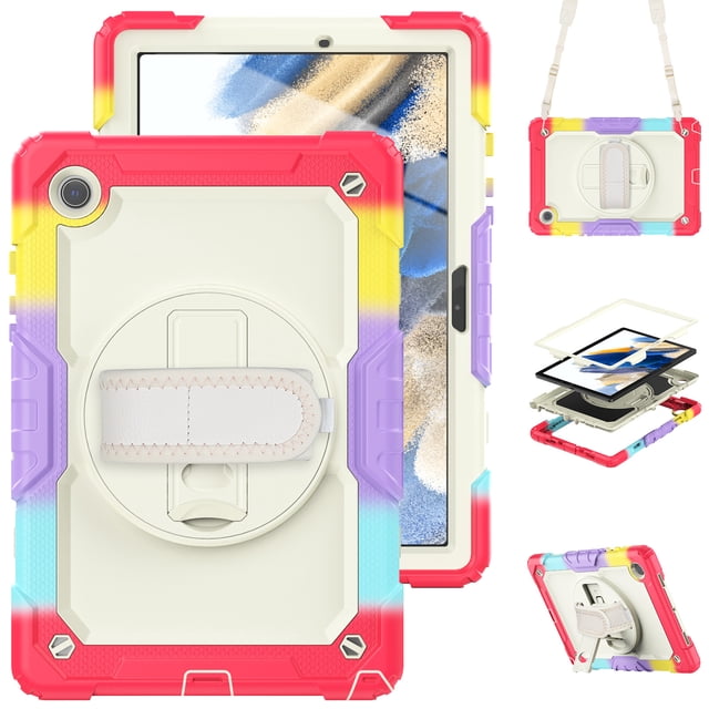 XYX For Samsung Galaxy Tab A8 Case 10.5 inch, 360 Rotating Shockproof Cover with Stand, Screen Protector, Shoulder Strap (2022, SM-X200/X205/X207), Rainbow Red