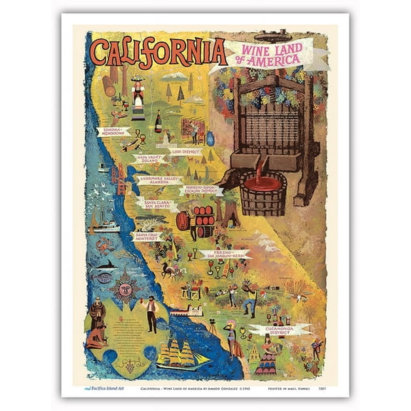 California - Wine Land of America - Vintage Pictorial Map by Amado Gonzalez c.1965 - Master Art Print (Unframed) 9in x 12in