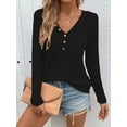 thumbnail image 2 of Women'S Long Sleeve Waffle Knit Shirts Dressy Casual Loose Button Up V Neck Henley Tops Fall Basic Tee Blouse Black XL, 2 of 5