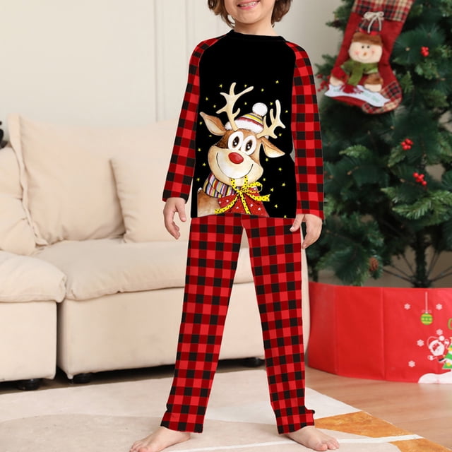Conjunto De Pijamas De 2 Piezas Conjunto de pijama familiar de 2 piezas Conjunto informal de manga larga con estampado de alce y pantalones Traje diario Ygjytge Niño Rojo 9-10T para Niño