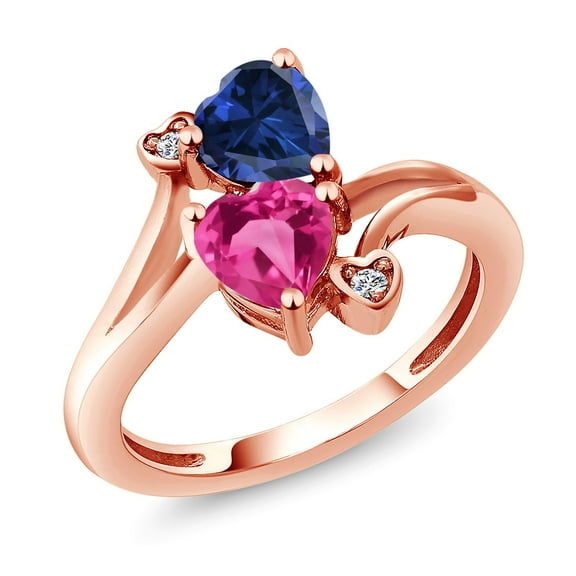 Gem Stone King 18K Rose Gold Plated Silver Blue Created Sapphire Pink Created Sapphire and White Moissanite Ring for Women (1.63 Cttw, Heart Shape 6MM, Gemstone Birthstone, Size 6)