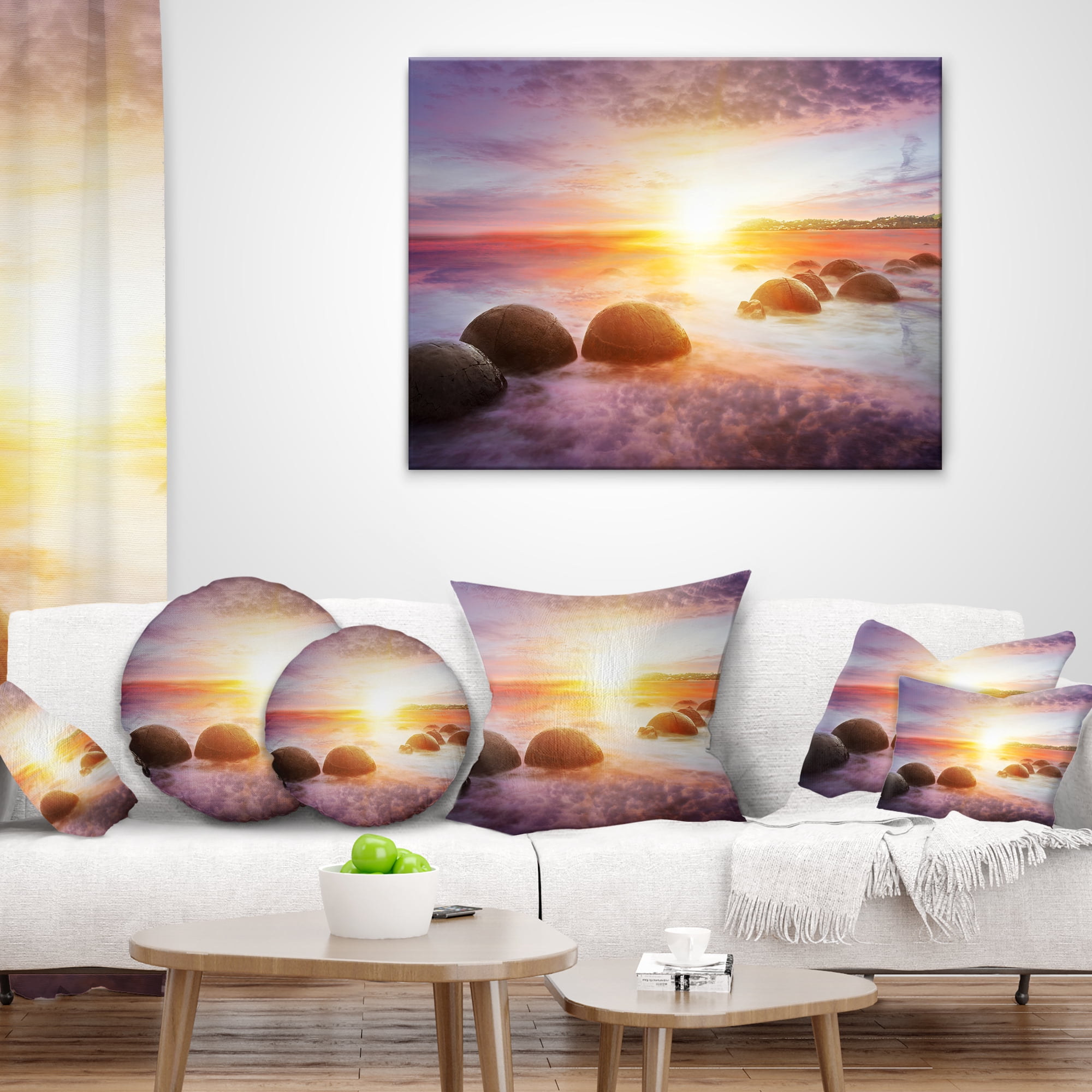 Designart Evening Sun Over Moeraki Boulders - Seashore Photo Throw Pillow - 12x20
