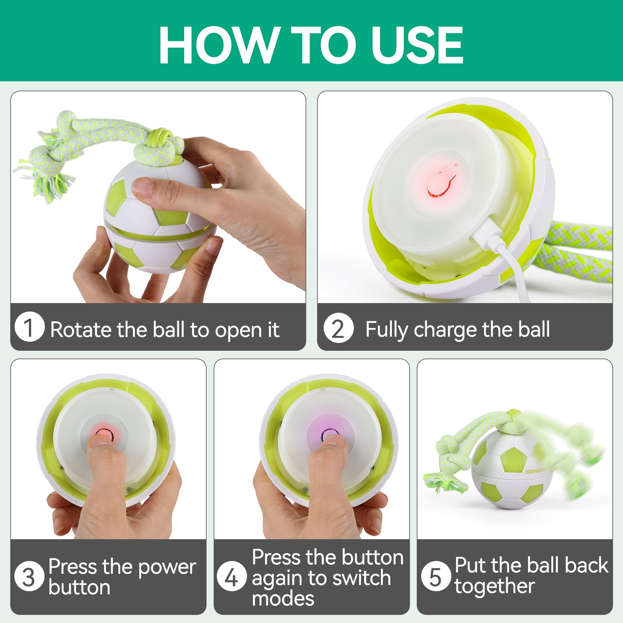 All For Paws Interactive Dog Ball Toy with LED Lights, Motion Activated Rolling Ball Toy with Rope, USB Rechargeable Moving Dog Ball Toys, Soccer Ball