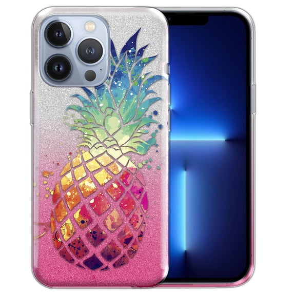 WIRESTER Pink Gradient Glitter Case, Sparkle Bling TPU Cover for Apple iPhone 13 Pro 6.1" 2021, Colorful Pineapple