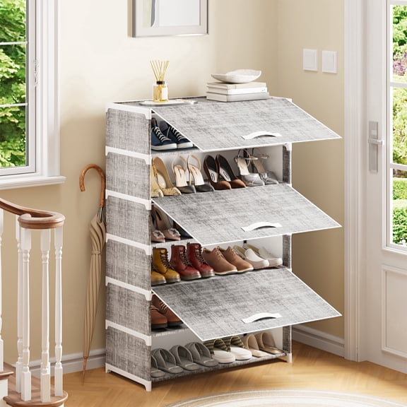 Tomnk 6-Tier Shoe Rack with Dustproof Cover, Portable Nonwoven Fabric Shoe Storage Shelf for Closet, Hallway, Bedroom, Entryway, Gray