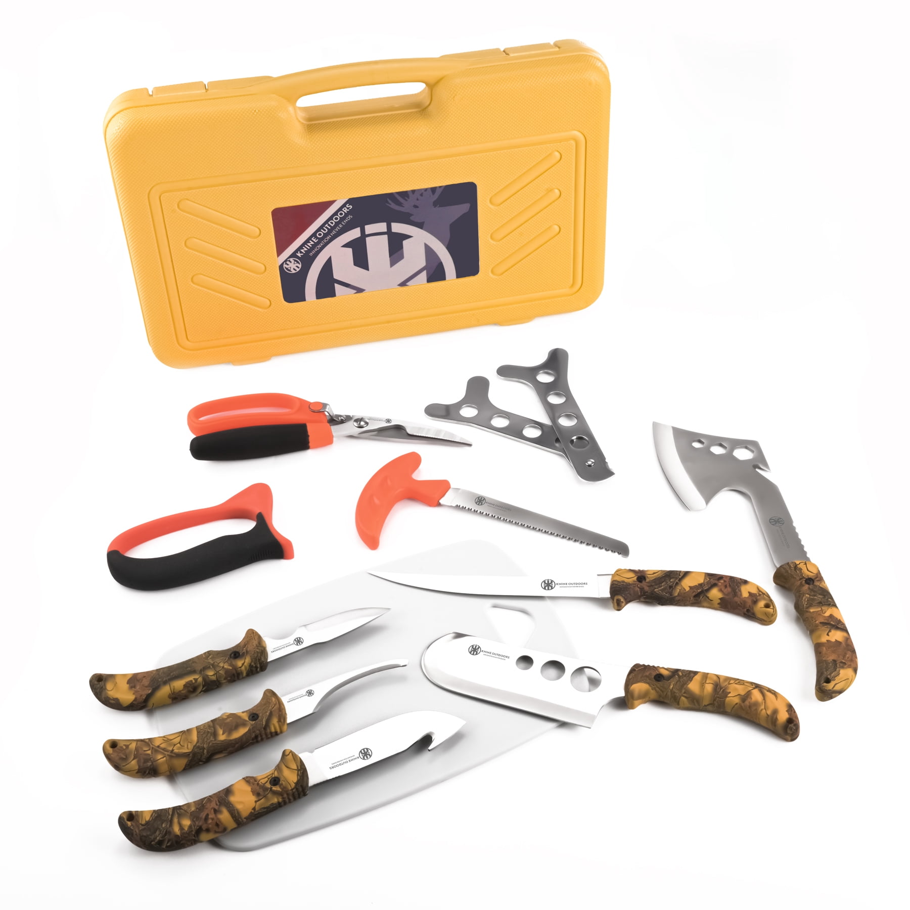 KNINE OUTDOORS 2022 Hunting Deer Knife Set Yellow Handle Field Dressing Kit Portable Butcher Game Processor Set, 12 Pieces
