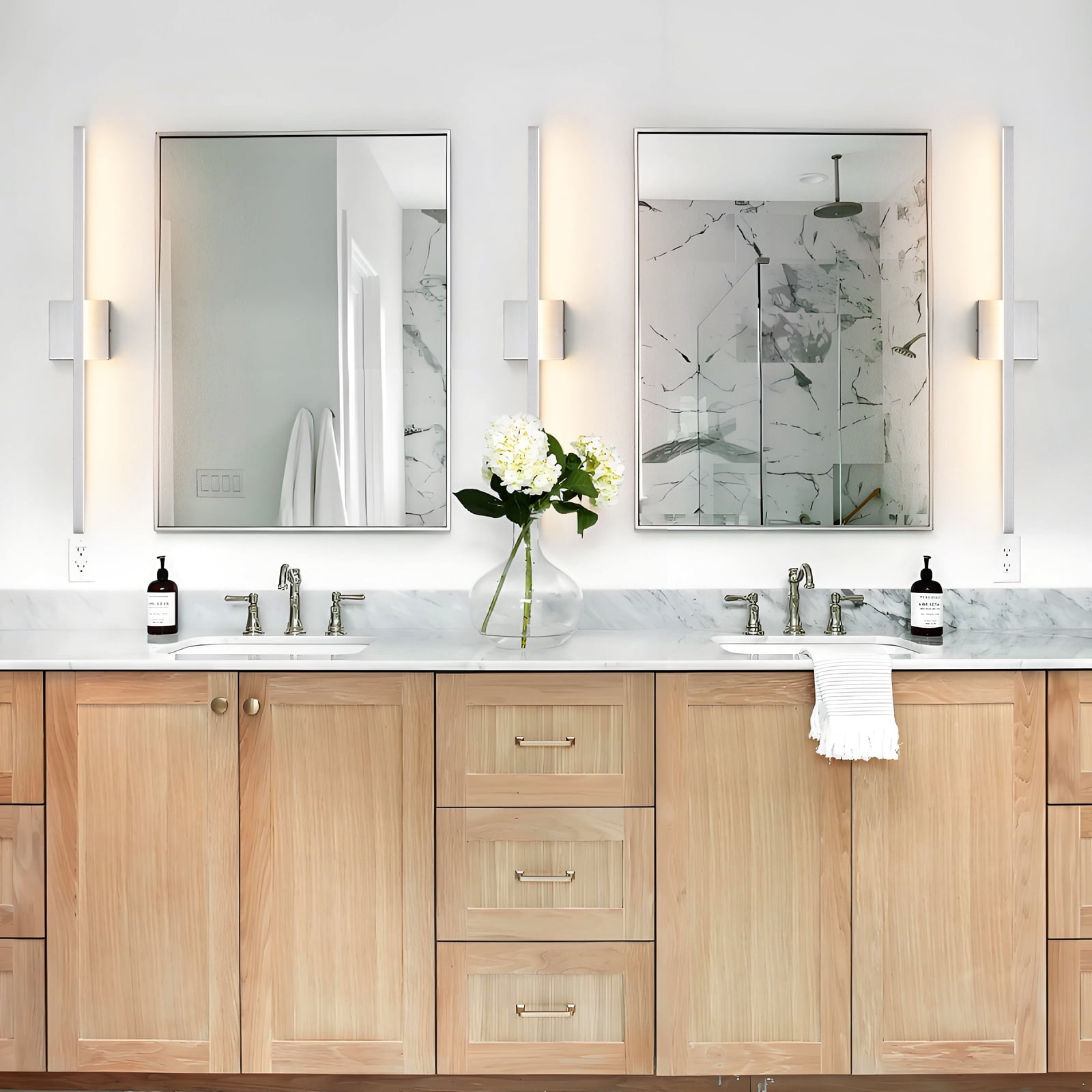 KAISITE 32 inch Modern Vanity Lights for Bathroom Lighting Fixtures over Mirror Dimmable Integrated LED Brushed Nickel , Silver, 3500K Warm Light