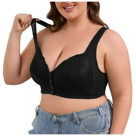 Fsqjgq Large Size Front Closure Wireless Bras for Women Floral Lace Everyday Bra Mom Elderly Underwear Fixed Cups Push Up Bra Full Coverage Bralettes 44B