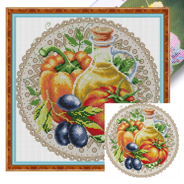 Hilo Algodón Ecológico Bordado Plato Impreso 14CT Punto Cruz Tomate 34x34cm