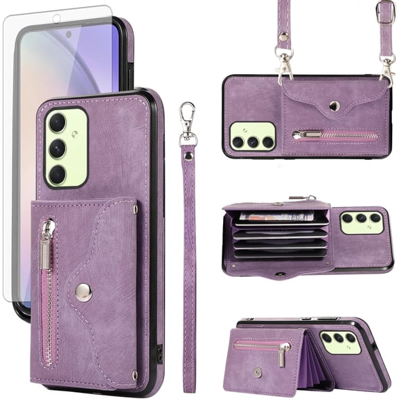 MYKOMI Phone Case for Samsung Galaxy A25 5G Wallet Cover and HD Screen Protector with Wrist Crossbody Strap Lanyard Credit Card Holder Stand Leather Cell Accessories A 25 25A Women Men