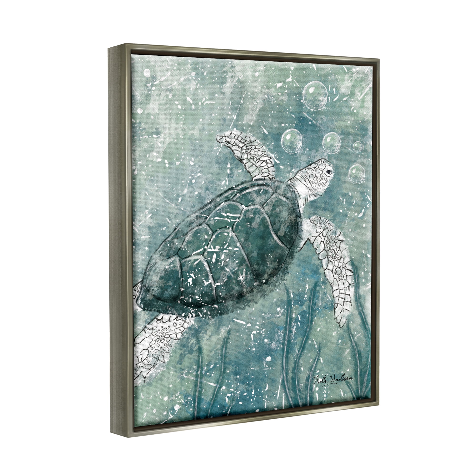 Stupell Industries Green Turtle & Bubbles Animals & Insects Painting Gray Floater Framed Art Print Wall Art, 17 x 21