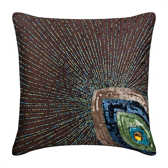 The HomeCentric Brown Shams Peacock Feather Sequins and Beaded Pillow Sham Pack of 2 24x24 inch (60x60 cm) Pillow Sham Square Silk Pillow Shams Art Deco Pillow Shams Modern Birds - Peacock Sparkle