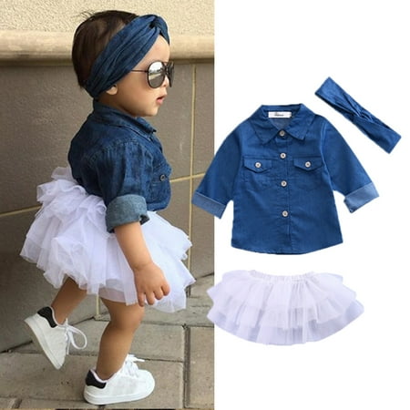 

Qtinghua 3PCS Toddler Baby Girl Summer Outfits Denim Tops Jacket Shirt Tutu Dress Headband Clothes Blue 0-1 Years