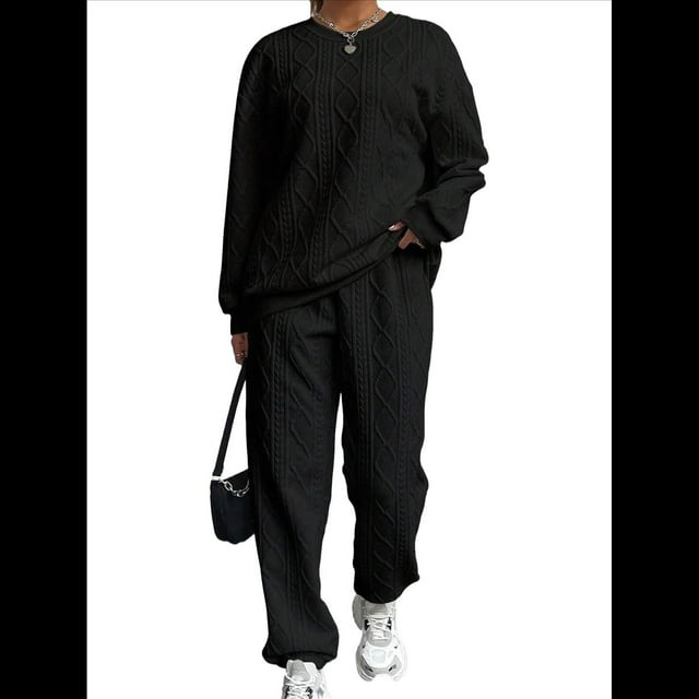 Conjunto Deportivo de Dos Piezas para Mujer: Sudadera y Pantalón Deportivo de Cuello Redondo Liso y Holgado, Conjunto de Jersey para Estar en Casa. Negro M