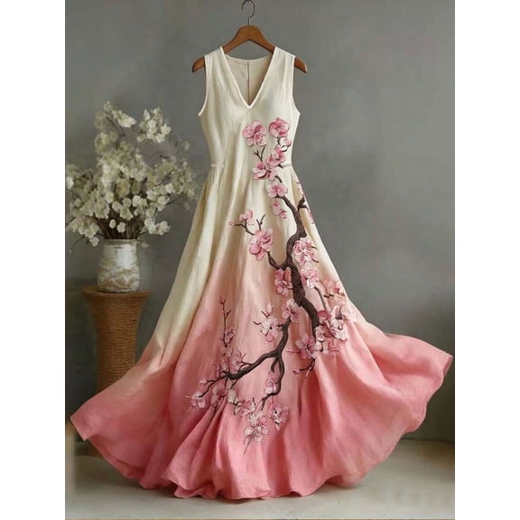 Women Sleeveless Embroidered V-Neck Long Dress Multicolor